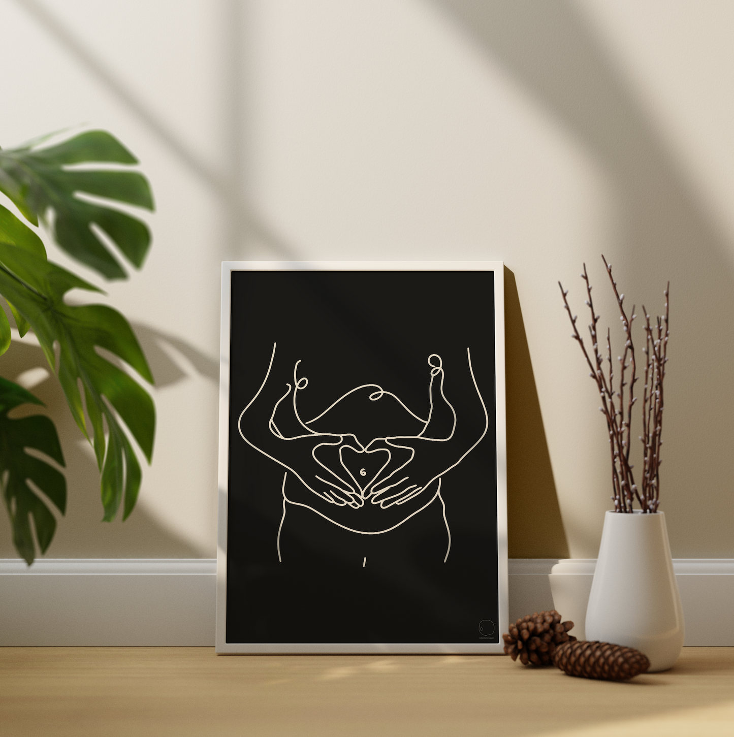 Minimalstische lijnen zwangerschapsbuik koppel poster